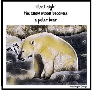 A polar bear stands on snowy ground with the text "silent night the snow moon becomes a polar bear" above it.