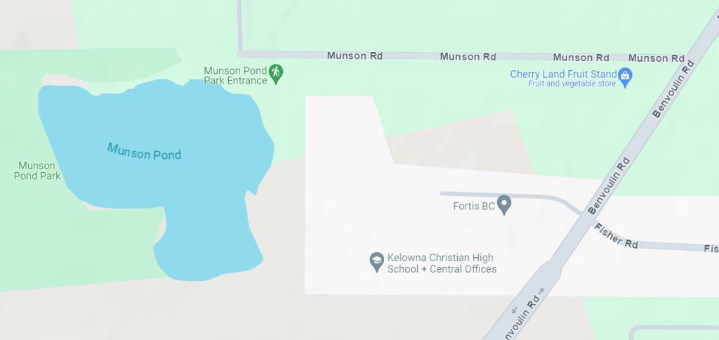 Map showing Munson Pond, Munson Pond Park, Munson Rd, Benvoulin Rd, Fortis BC, and Kelowna Christian High School + Central Offices.