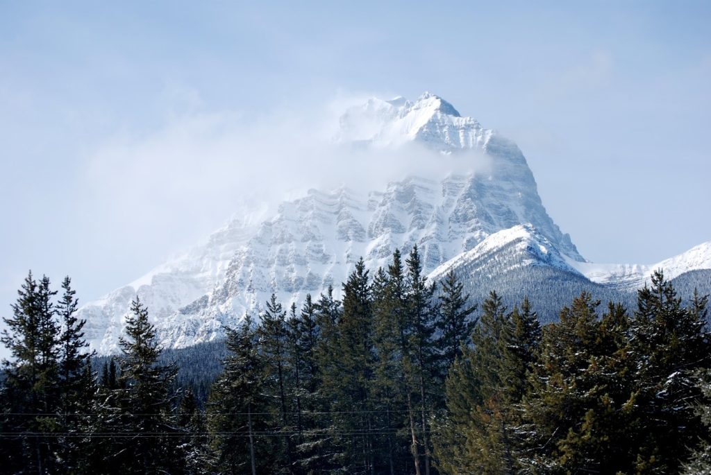 Snow-capped mountain partially covered by clouds, with evergreen trees in the foreground under a clear sky.
