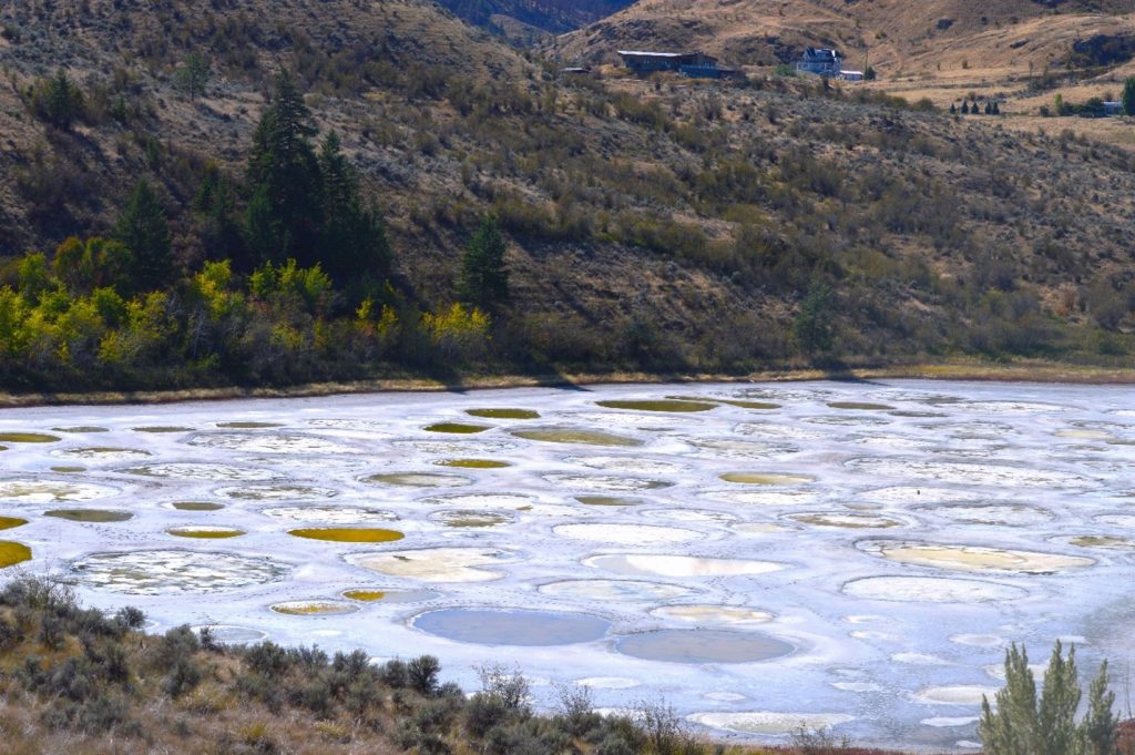 A lake with numerous circular mineral deposits on its surface, surrounded by dry hills, patches of trees, and a few buildings in the background.