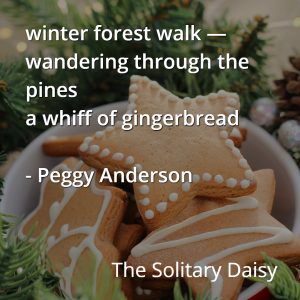 A bowl of decorated gingerbread cookies, showcasing festive food delights with green pine branches, overlaid with a winter-themed poem by Peggy Anderson.