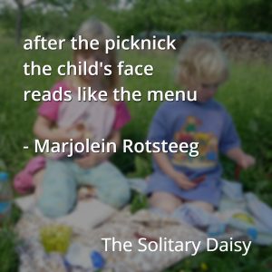 Two children sit on a picnic blanket outdoors, sharing food with one holding a sandwich; a poem quote is overlaid on the image.
