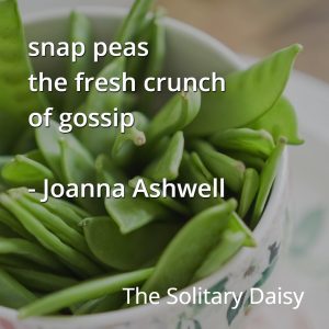 A bowl filled with fresh snap peas, celebrating the beauty of food, overlaid with a haiku by Joanna Ashwell and the text "The Solitary Daisy.