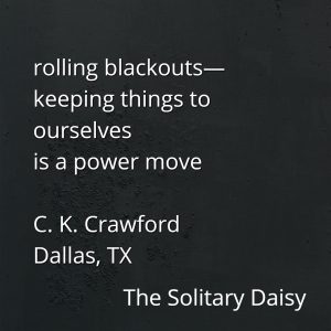 White text on a dark textured background displays a poem about rolling blackouts, evoking a strong sense of place. Attributed to C. K. Crawford from Dallas, TX, and published by The Solitary Daisy.