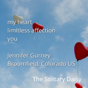 Red and white heart-shaped balloons floating in a blue sky with scattered clouds. Text over the image includes a poem, author’s name, location, and publication title.