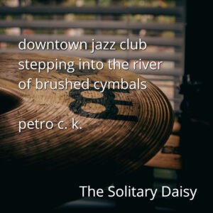 Close-up of a cymbal with blurred blinds in the background; overlaid text features a jazz-themed poem and the words "The Solitary Daisy.