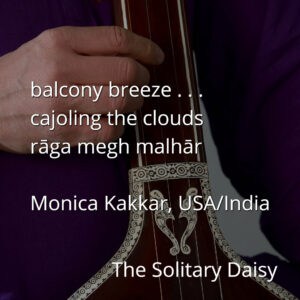 A hand plucks the strings of a traditional Indian tanpura, with poem text superimposed over the instrument and a purple garment.