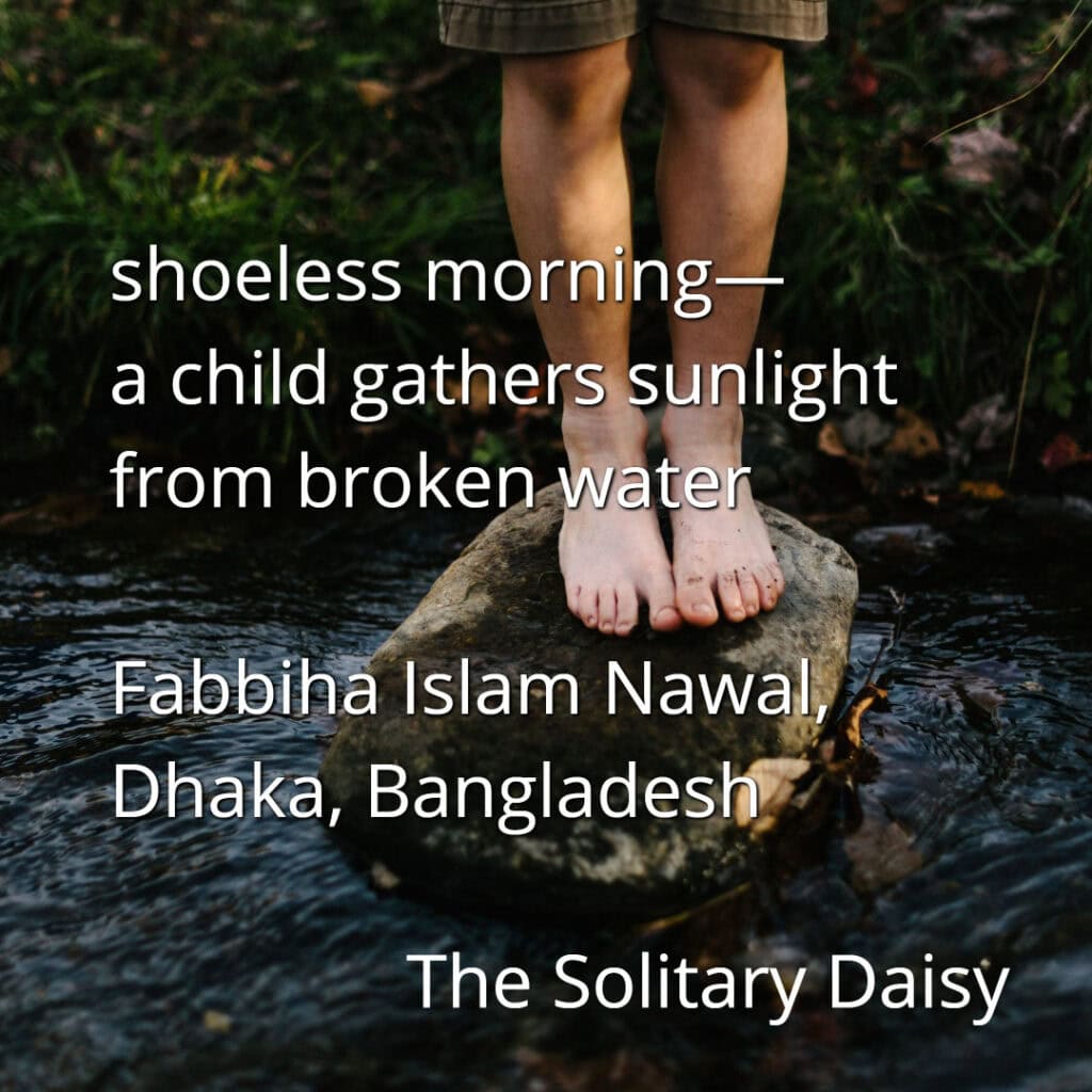 In the eyes of a child, barefoot on a rock in a stream, poem text overlays thoughts of a shoeless morning and gathering sunlight from water.