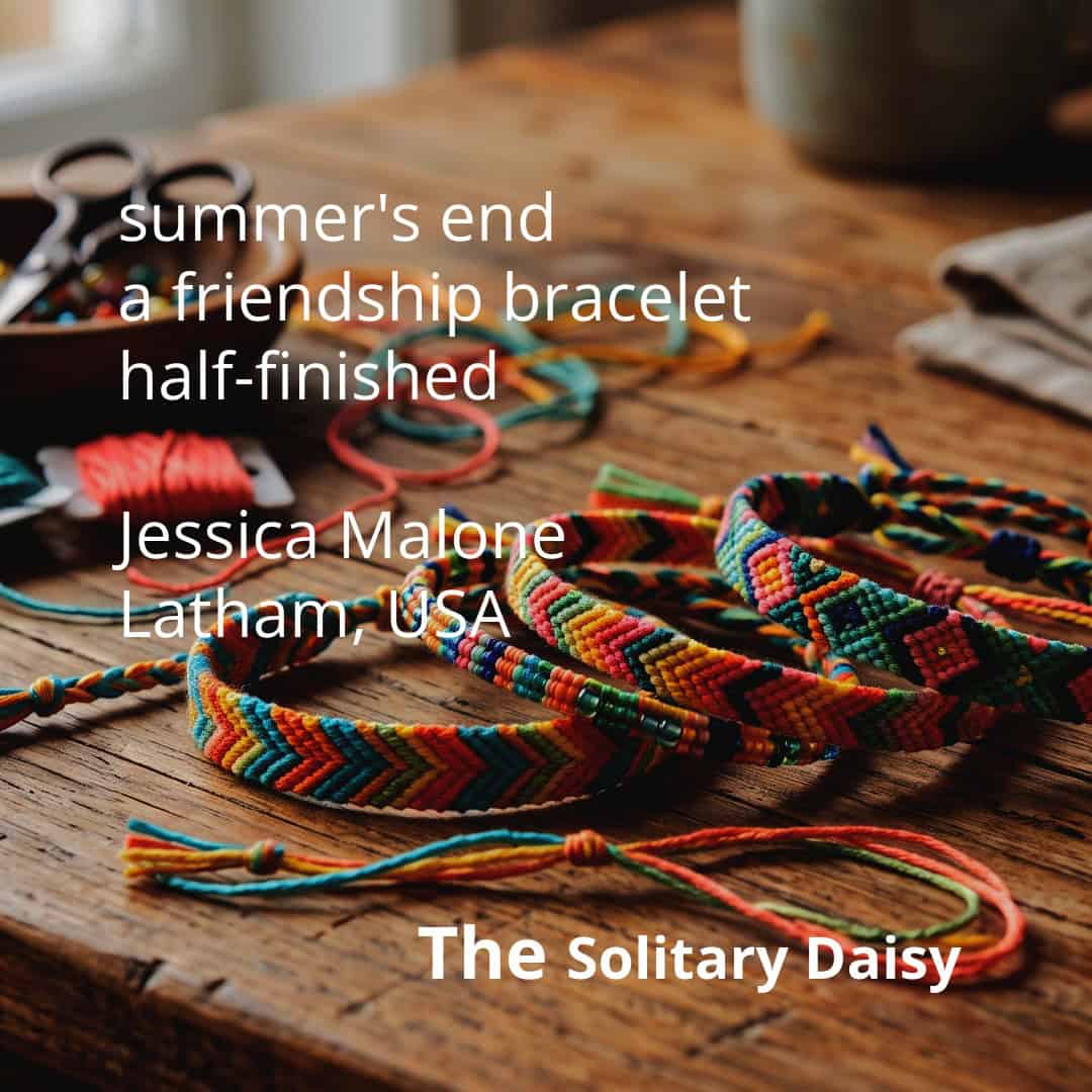 Colorful woven friendship bracelets and threads rest on a wooden table, one bracelet unfinished; a label reads “The Solitary Daisy” with text crediting Jessica Malone, Latham, USA.