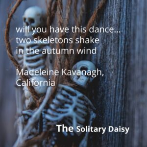 Two skeleton figures entwined in twine against a wooden background, overlaid with the text: “will you have this dance... two skeletons shake in the autumn wind. Madeleine Kavanagh, California. The Solitary Daisy.”