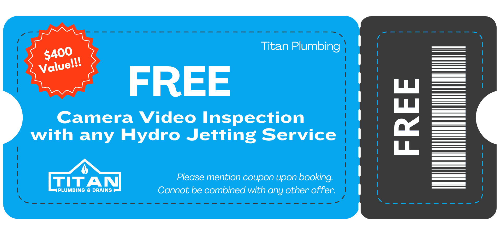 Titan Plumbing & Drains coupon for a free camera inspection with drain cleaning or hydro jetting, showing $400 value and terms.