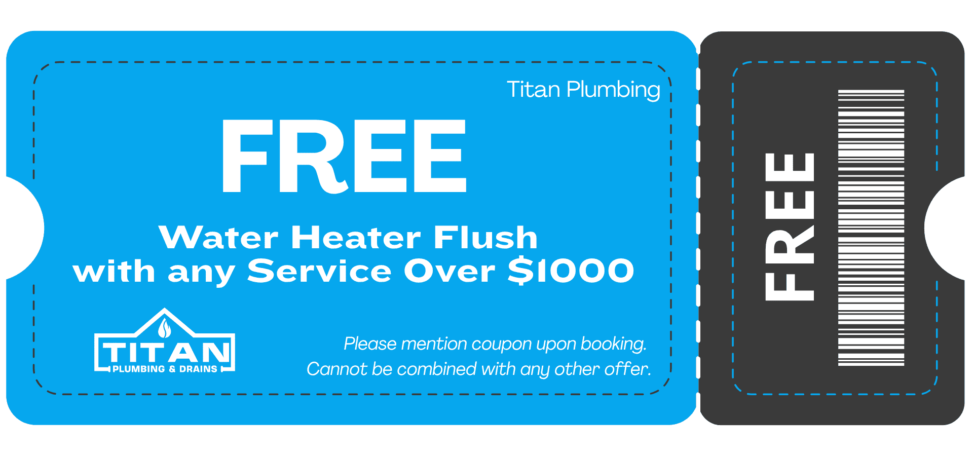 Titan Plumbing & Drains coupon offering a free water heater flush with any service over $1000. Not combinable with other offers.