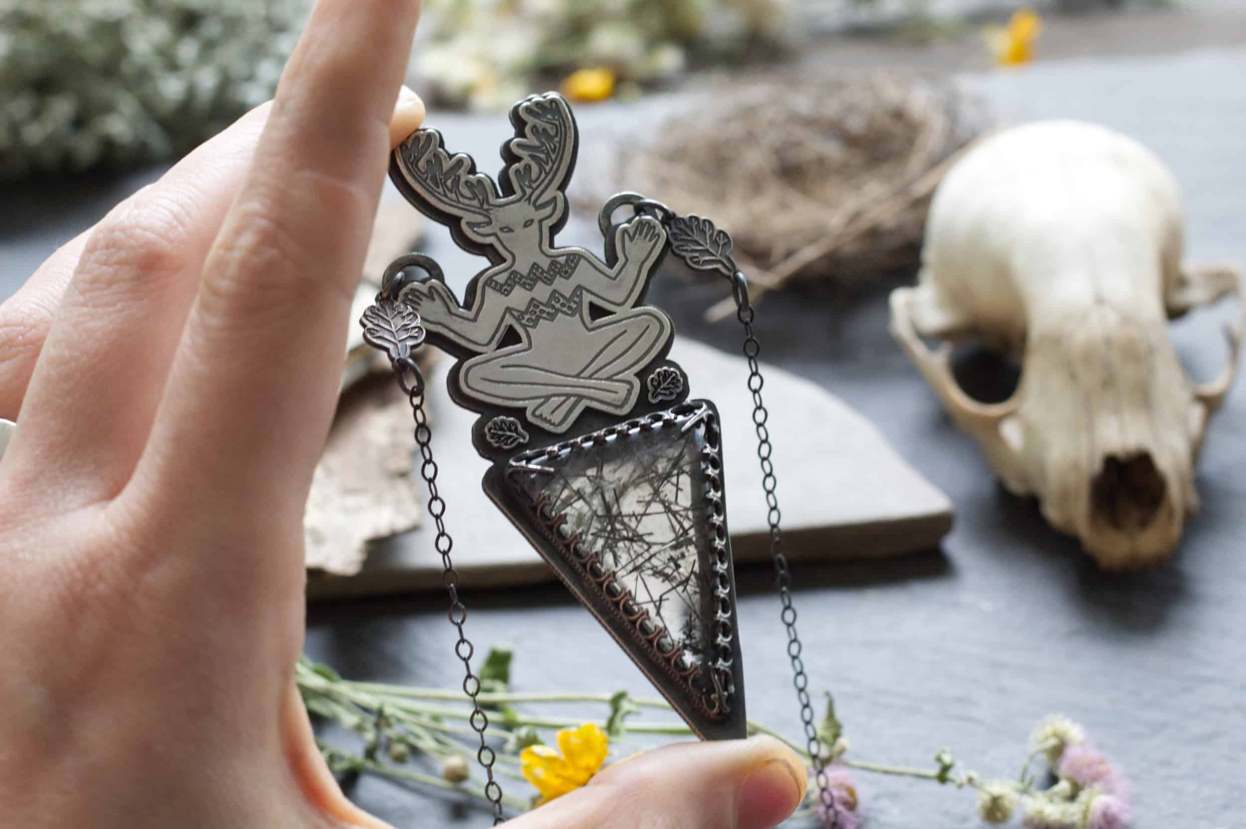 tourmalinated quartz cernunnos pendant