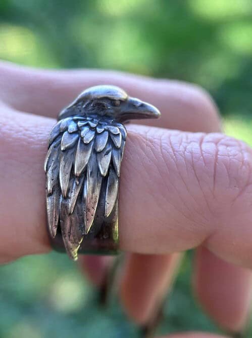 il_fullxfull.6904200297_rdr4.jpg Viking Raven Ring Odin Hugin Munin Norse Mythology Jewelry Pagan Gift for Him Nordic Spirit Animal Band Anniversary Men's Accessory