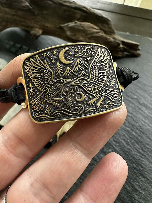 il_fullxfull.7006050062_tjyl.jpg Viking raven wrap bracelet adjustable Norse mythology jewelry gift for him her Huginn Muninn rune cuff leather deer vegan cord