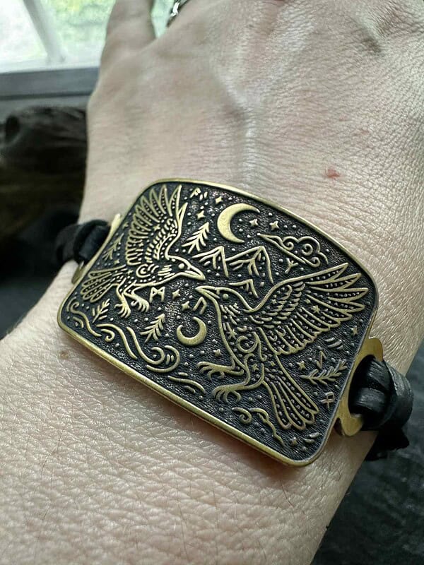 il_fullxfull.7054023049_1asw.jpg Viking raven wrap bracelet adjustable Norse mythology jewelry gift for him her Huginn Muninn rune cuff leather deer vegan cord