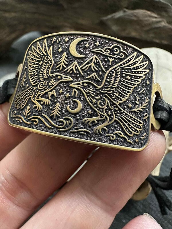il_fullxfull.7054023059_bc9s.jpg Viking raven wrap bracelet adjustable Norse mythology jewelry gift for him her Huginn Muninn rune cuff leather deer vegan cord