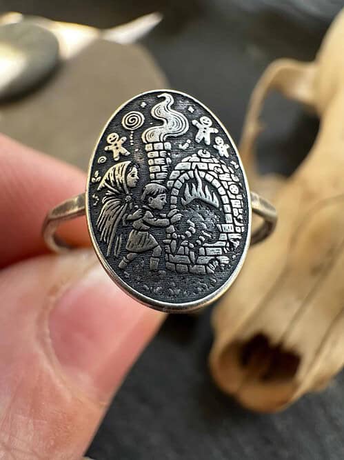 il_fullxfull.7232276563_e5t9.jpg Sterling Silver Hansel and Gretel Ring, Fairy Tale Storybook Jewelry, Grimm Brothers Witch Oven Scene, Handmade Fantasy Ring