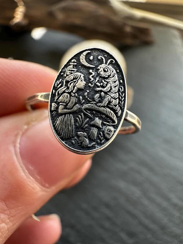 Sterling Silver Alice in Wonderland Ring, Storybook Jewelry with Caterpillar Scene