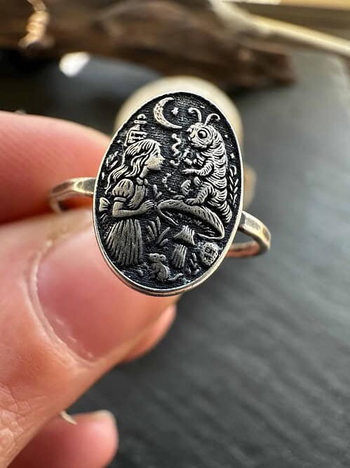 il_fullxfull.7232349557_sjkp.jpg Sterling Silver Alice in Wonderland Ring, Storybook Jewelry with Caterpillar Scene