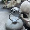 Hand-cast sterling silver Budgett's frog ring displayed on a stone beside a skull