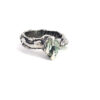 Front view of the faceted green amethyst claw-set sterling silver ring on a white background