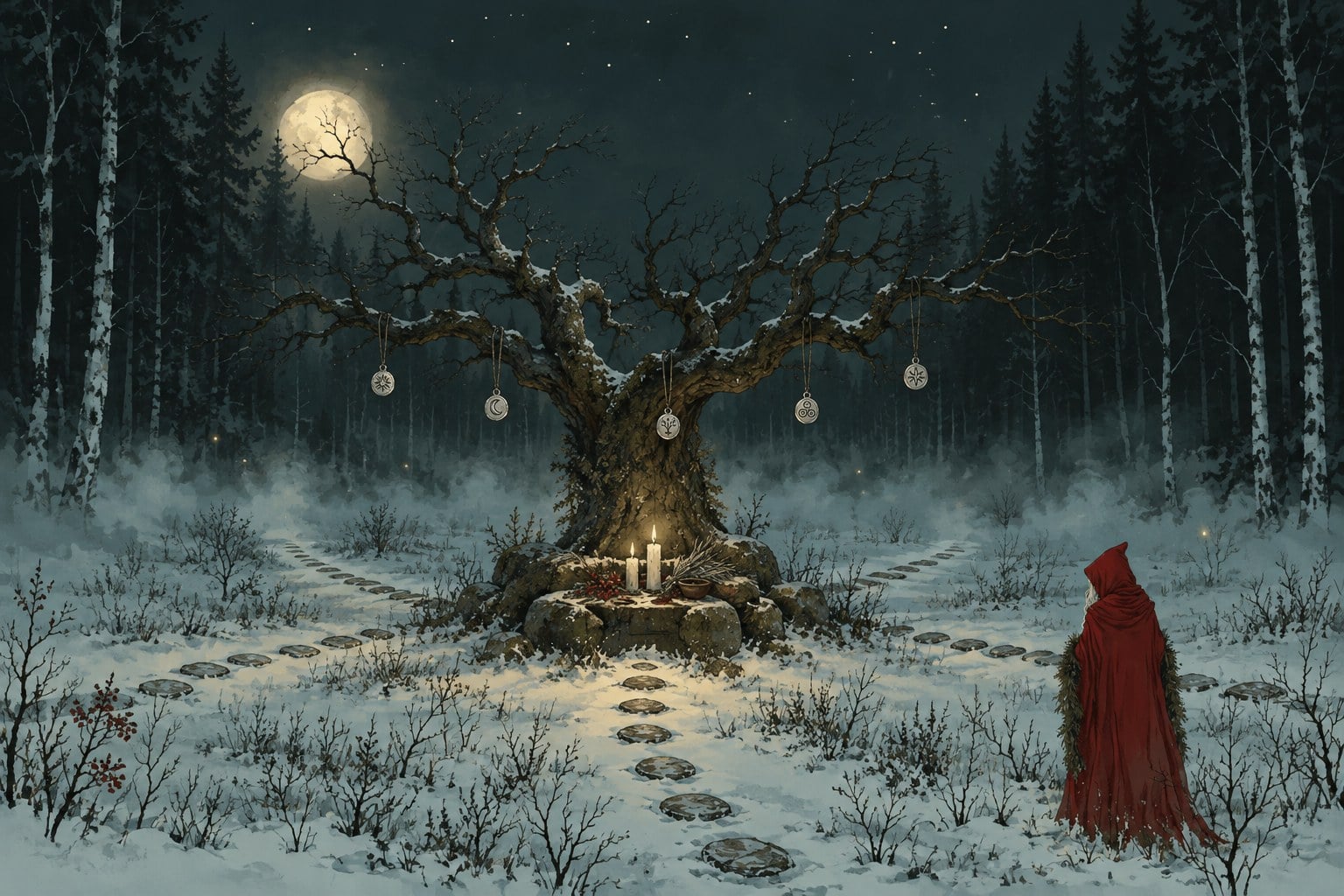 Five amulets hang from an ancient oak in a moonlit forest, above a candlelit altar.
