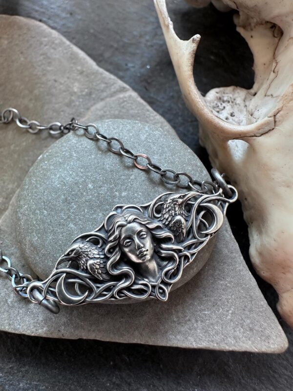 Sterling Silver Morrigan Necklace Celtic Goddess Raven Pendant Gothic Pagan Jewelry Art Nouveau Crescent Moon Witchy Gift for Her Sterling Silver Morrigan Necklace