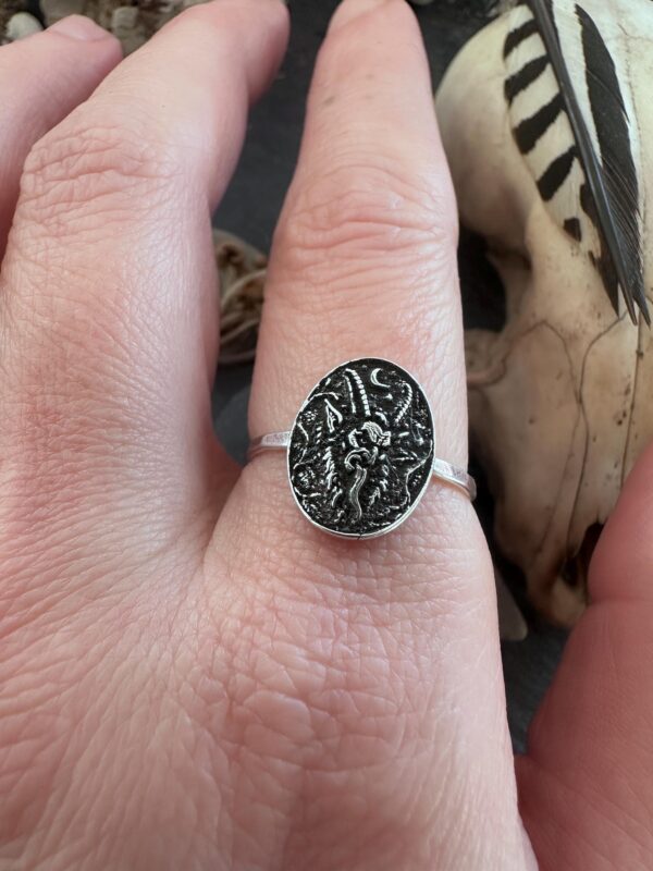 Sterling Silver Krampus Ring Gothic Christmas Jewelry Alpine Folklore Horned Demon Face with a Crescent Moon Krampusnacht Gift for Her Sterling Silver Krampus Ring