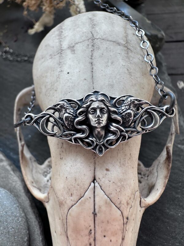 Sterling Silver Morrigan Necklace Celtic Goddess Raven Pendant Gothic Pagan Jewelry Art Nouveau Crescent Moon Witchy Gift for Her Sterling Silver Morrigan Necklace