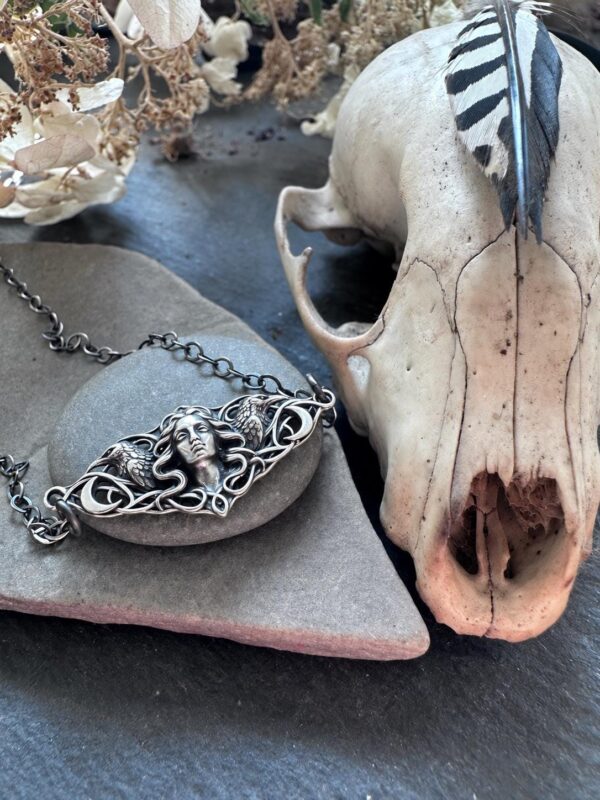 Sterling Silver Morrigan Necklace Celtic Goddess Raven Pendant Gothic Pagan Jewelry Art Nouveau Crescent Moon Witchy Gift for Her Sterling Silver Morrigan Necklace