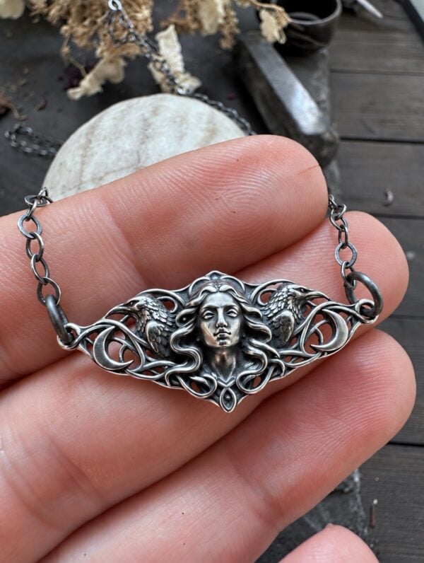 Sterling Silver Morrigan Necklace Celtic Goddess Raven Pendant Gothic Pagan Jewelry Art Nouveau Crescent Moon Witchy Gift for Her Sterling Silver Morrigan Necklace