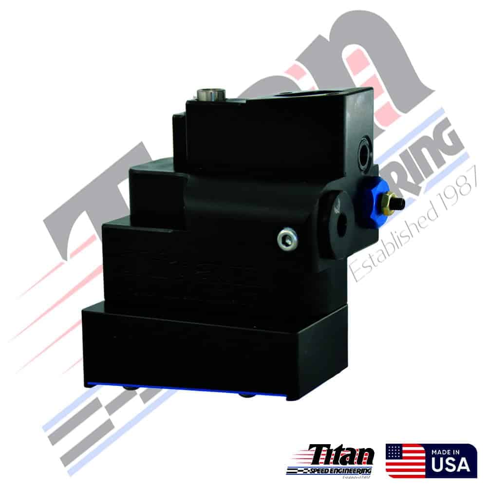 High-performance automotive component, Titan Speed Engineering precision part, black metal machine part, advanced engineering equipment for racing cars, USA-made automotive technology, Titan Speed branding.