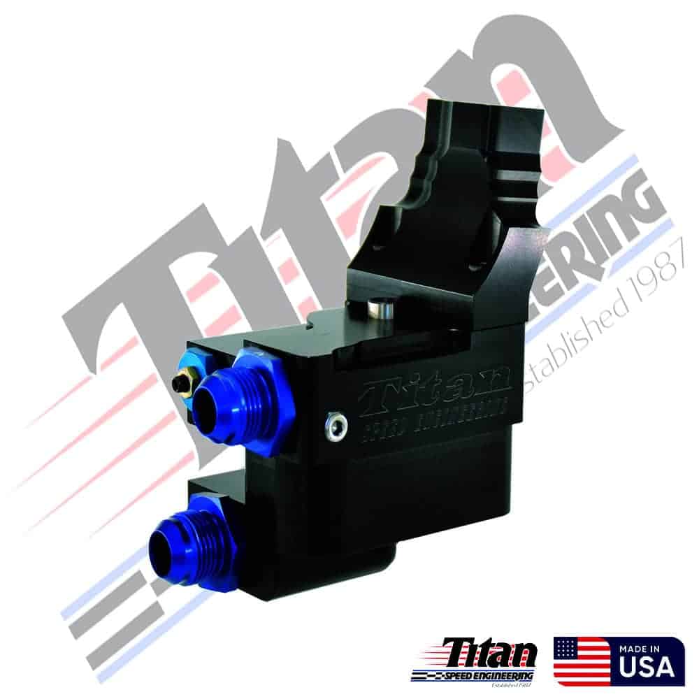 Titan Speed Engineering high-performance engine component with blue anodized fittings, designed for automotive racing and custom builds, made in the USA.