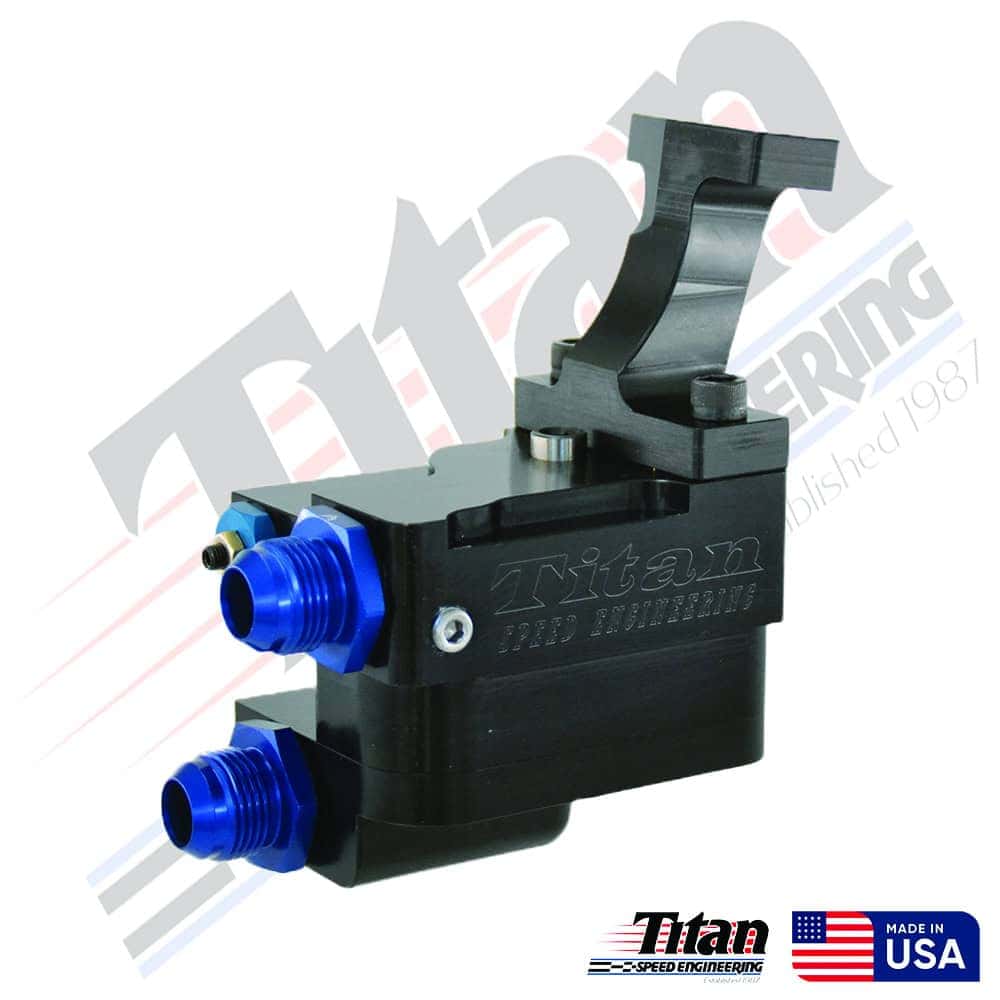 High-performance Titan Speed Engineering fuel pressure regulator, precision CNC machined, designed for optimal fuel delivery in racing and performance vehicles.