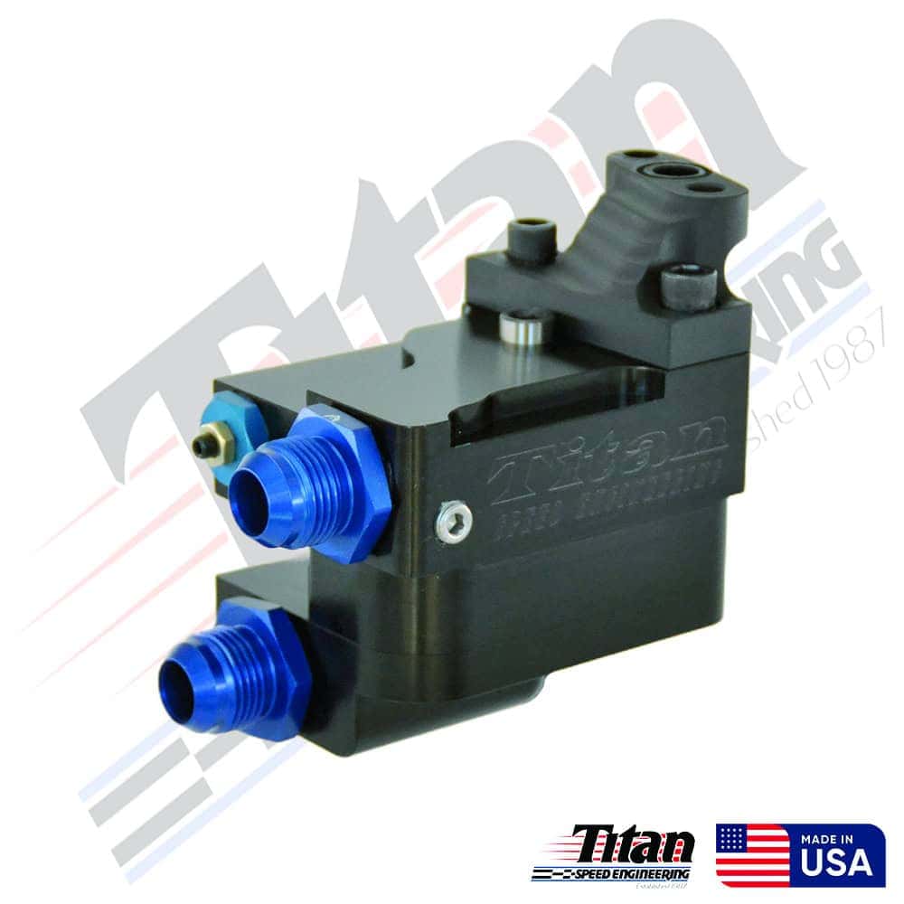 High-performance fuel pressure regulator by Titan Speed Engineering with blue anodized fittings, designed for racing and performance vehicles.
