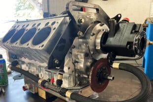 High-performance V8 engine block from Titan Speed Engineering, showcasing precision machining and advanced automotive technology.