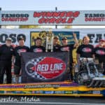 Red Line Synthetic Oil sponsorship at Titan Speed Engineering drag racing event with team celebrating victory.