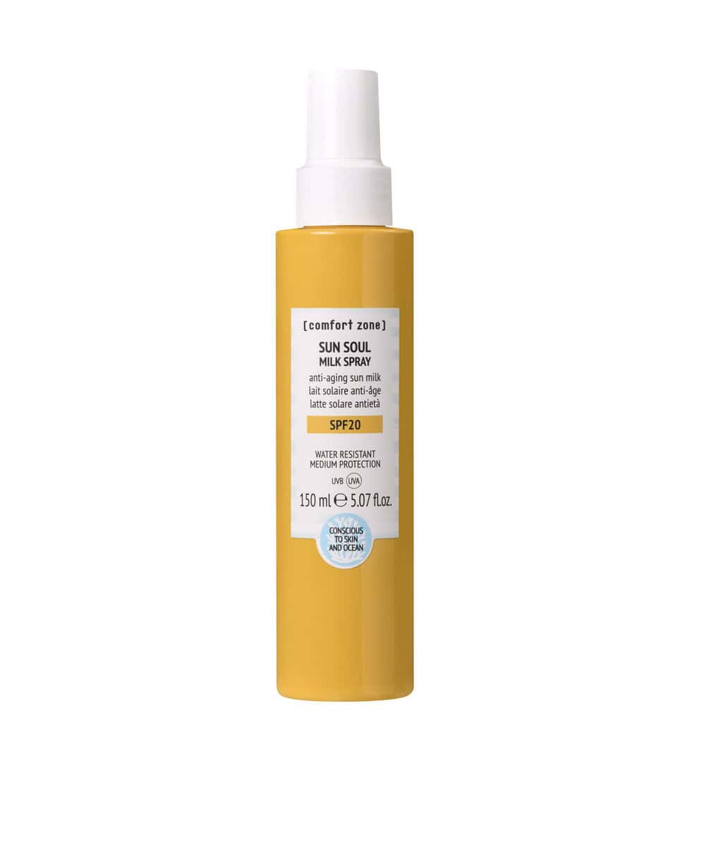 Sun Soul Milk Spray SPF20 for sun protection and skin nourishment. Lightweight, non-greasy formula w.