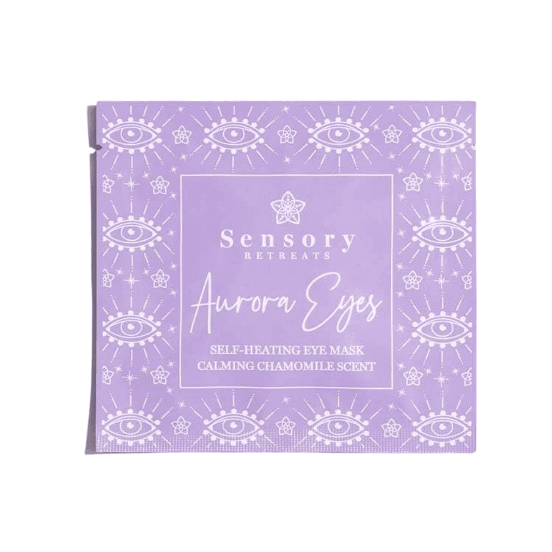 Self-heating eye mask with calming chamomile scent for relaxation and stress relief.