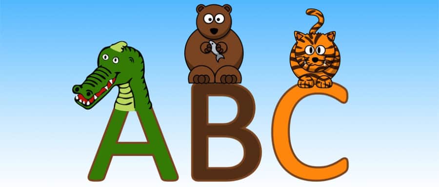 Illustration d'animaux et lettres A, B, C pour enfants.