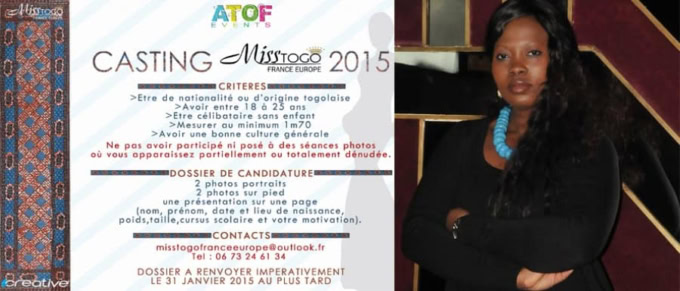 Affiche du casting Miss Togo 2015 avec critères et contact.