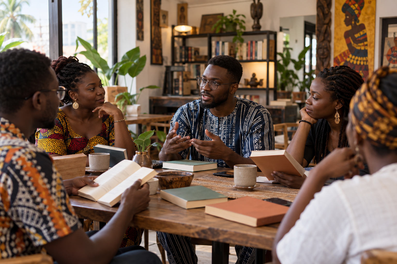 Illustration générée d’un café littéraire réunissant des lecteurs autour de livres dans un cadre inspiré de Lomé