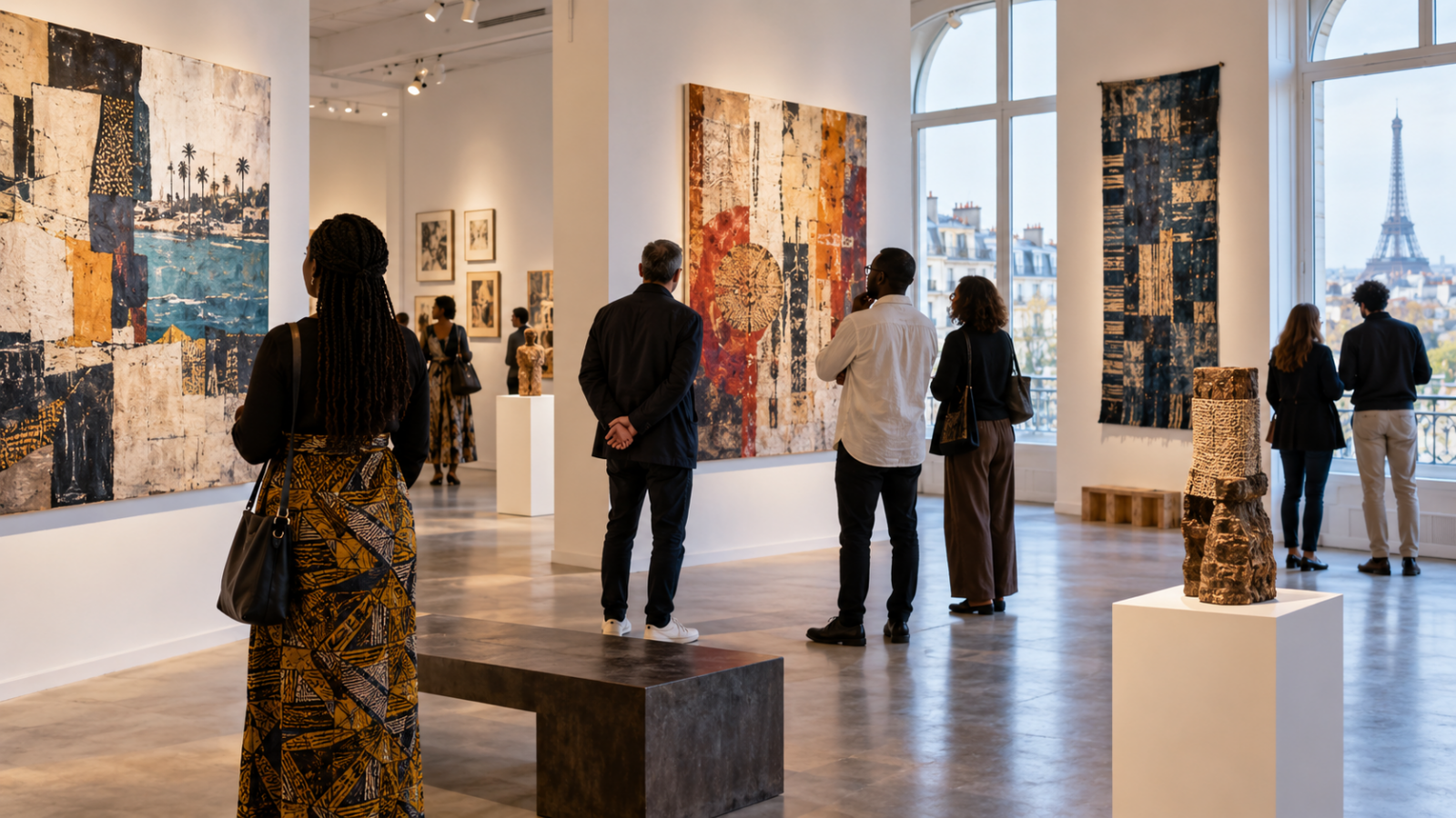 Illustration générée d’une galerie d’art contemporain à Paris évoquant les échanges artistiques entre le Togo et la France