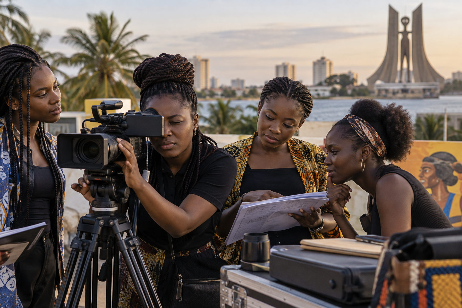 Illustration éditoriale générée montrant une équipe féminine de tournage dans un décor urbain ouest-africain