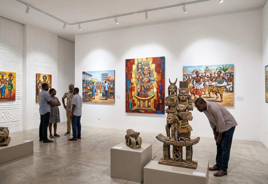 Exposition d'œuvres d'art contemporain togolais dans une galerie d'art lors de l'événement ArtTrip.