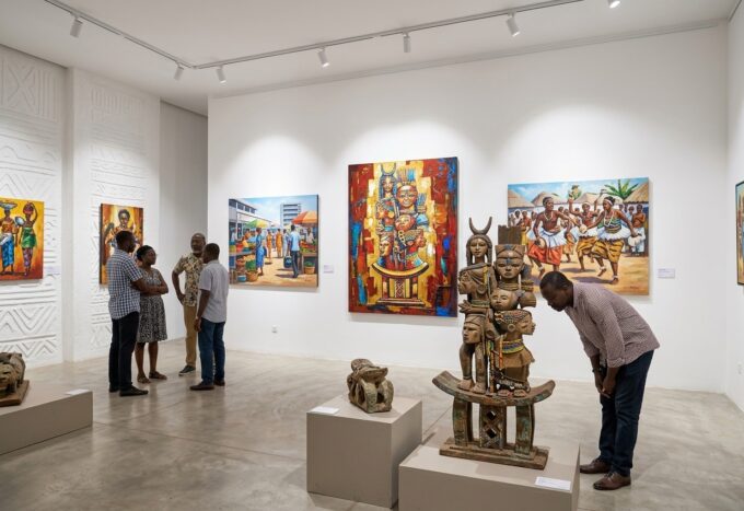 Exposition d'œuvres d'art contemporain togolais dans une galerie d'art lors de l'événement ArtTrip.