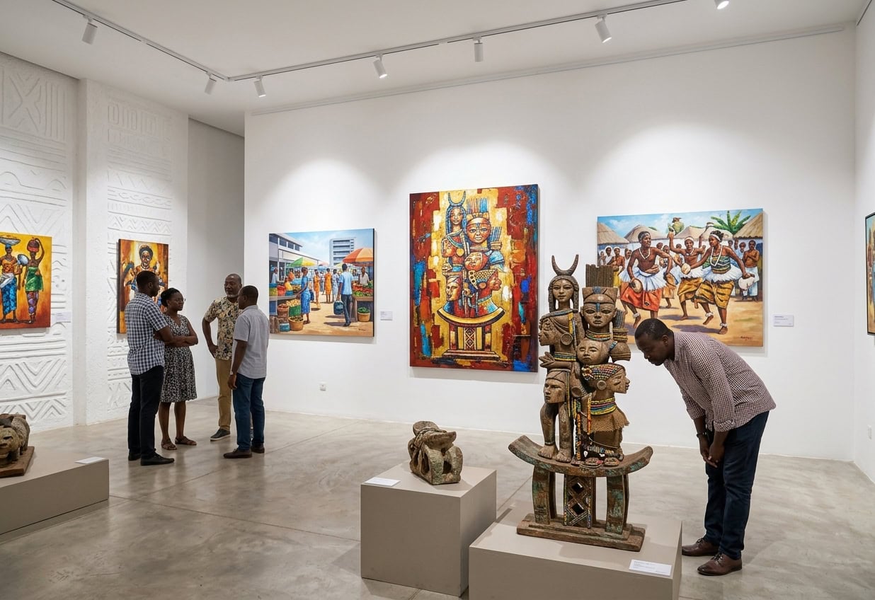 Exposition d'œuvres d'art contemporain togolais dans une galerie d'art lors de l'événement ArtTrip.