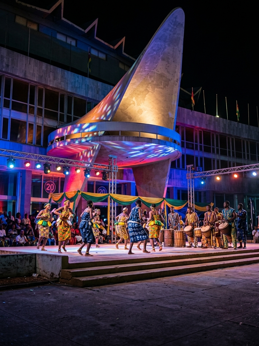 Artistes togolais exécutant une danse traditionnelle sur scène à Lomé