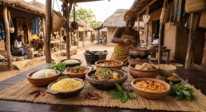 Présentation de plats traditionnels du patrimoine culinaire togolais au Village Artisanal de Lomé